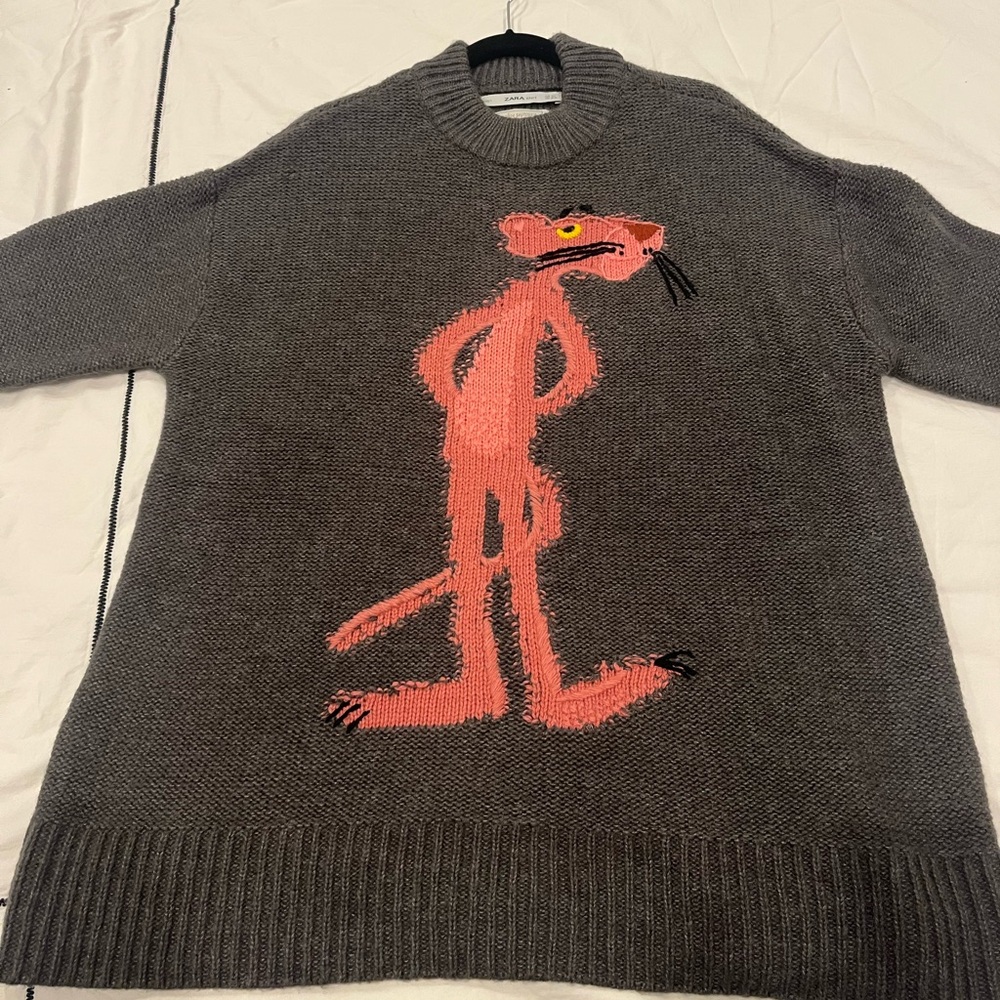 Zara Knit Gray Sweater with Pink Panther Graphic